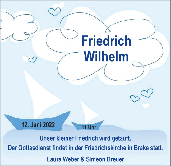Babyanzeige von Friedrich Wilhelm  von Nordwest-Zeitung