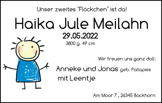 Babyanzeige von Haika Jule Meilahn von Nordwest-Zeitung