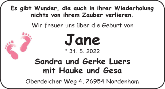 Babyanzeige von Jane Luers von Nordwest-Zeitung