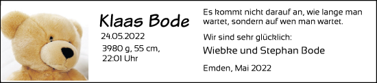 Babyanzeige von Klaas Bode von EZ