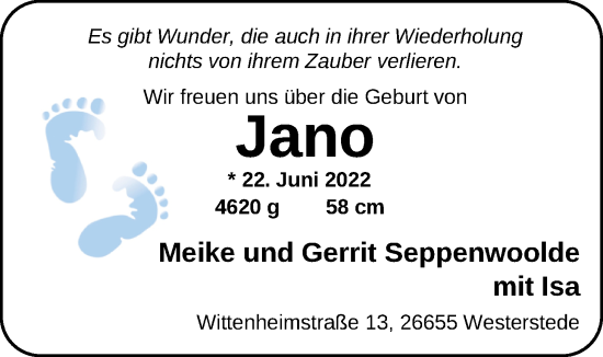 Babyanzeige von Jano Seppenwollde von Nordwest-Zeitung