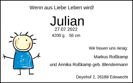 Babyanzeige von Julian Roßkamp von Nordwest-Zeitung