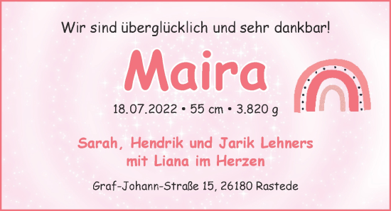 Babyanzeige von Maira  von Nordwest-Zeitung