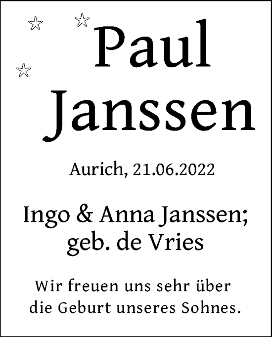 Babyanzeige von Paul Janssen von EZ