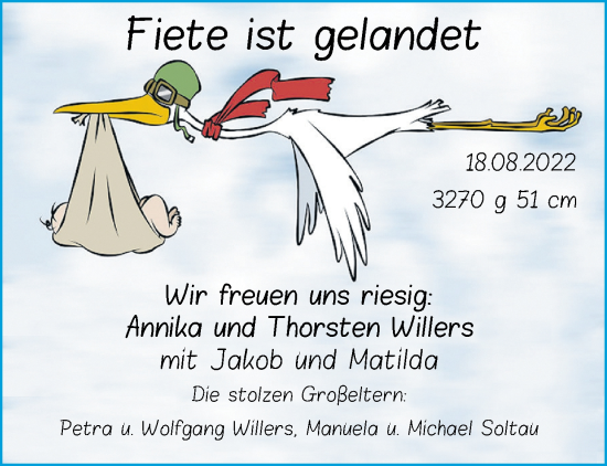 Babyanzeige von Fiete Willers von Nordwest-Zeitung