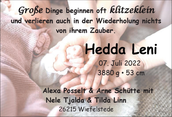 Babyanzeige von Hedda Leni Posselt von Nordwest-Zeitung