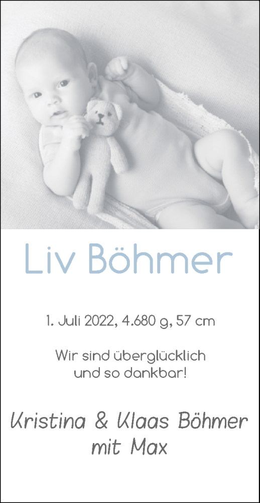 Babyanzeige von Liv Böhmer von Nordwest-Zeitung