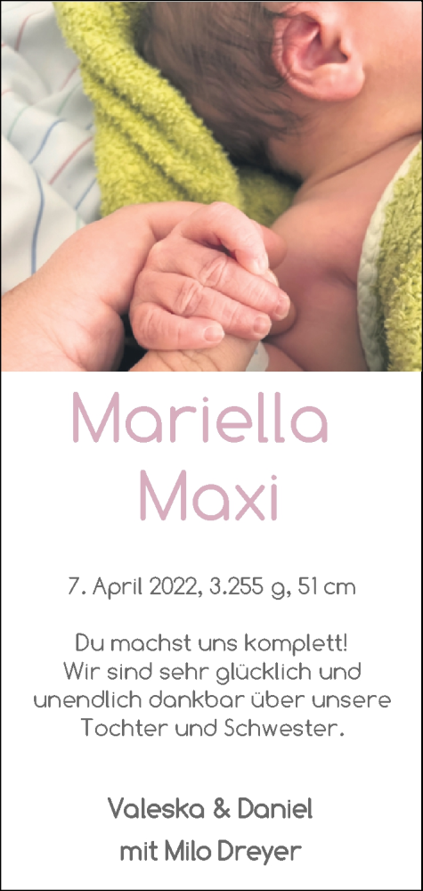 Babyanzeige von Mariella Maxi  von Nordwest-Zeitung