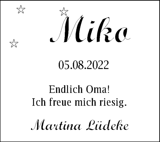 Babyanzeige von Miko  von Nordwest-Zeitung
