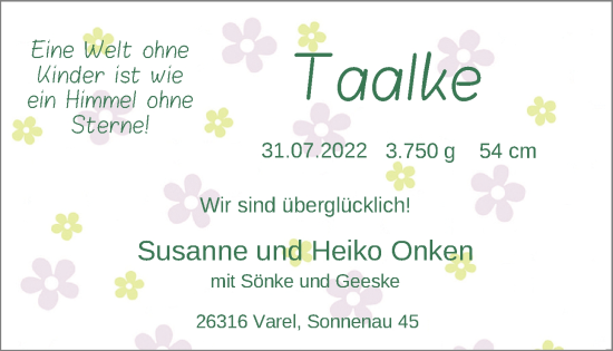 Babyanzeige von Taalke  von Nordwest-Zeitung