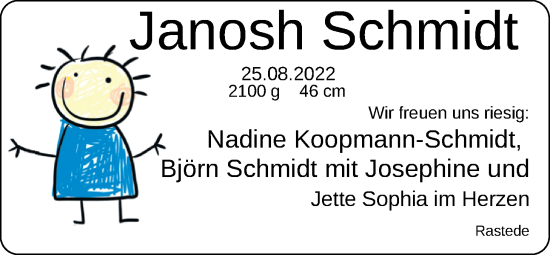 Babyanzeige von Janosh Schmidt von Nordwest-Zeitung