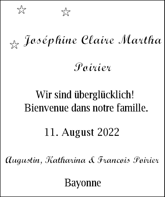Babyanzeige von Joséphine Claire Martha Poirier von Nordwest-Zeitung