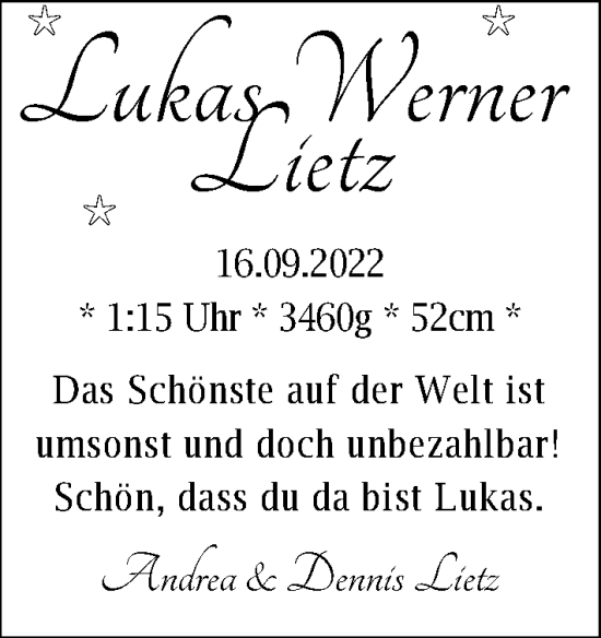 Babyanzeige von Lukas Werner Lietz von Nordwest-Zeitung