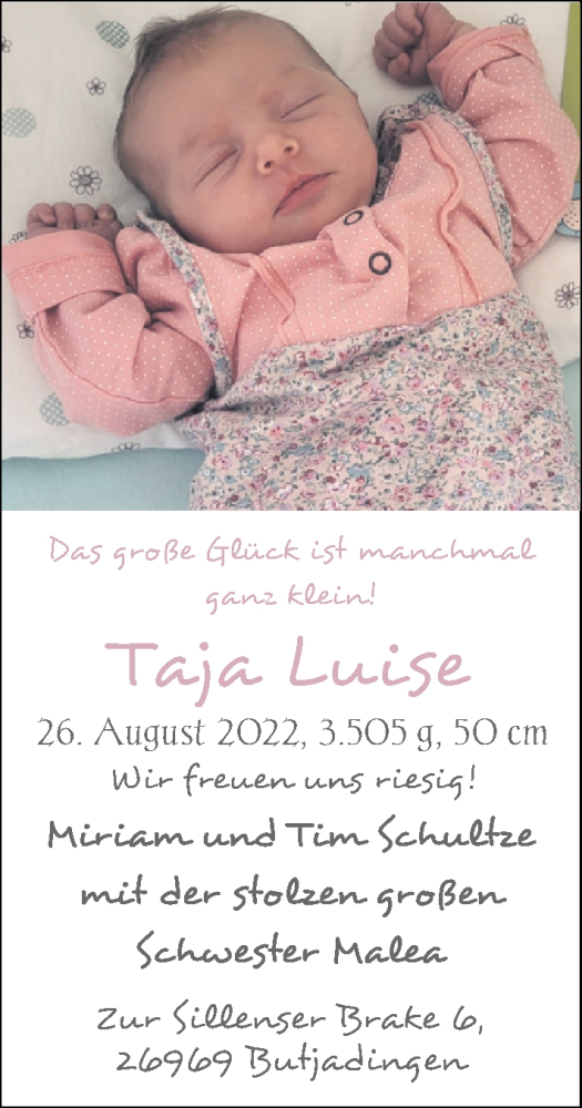 Babyanzeige von Taja Luise  von Nordwest-Zeitung
