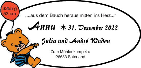 Babyanzeige von Anna Waden von Nordwest-Zeitung