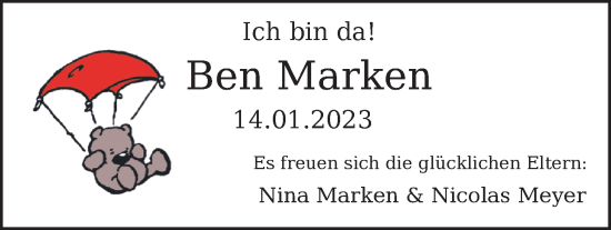 Babyanzeige von Ben Marken von Nordwest-Zeitung