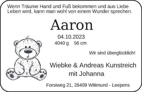 Babyanzeige von Aaron Kunstreich von BM