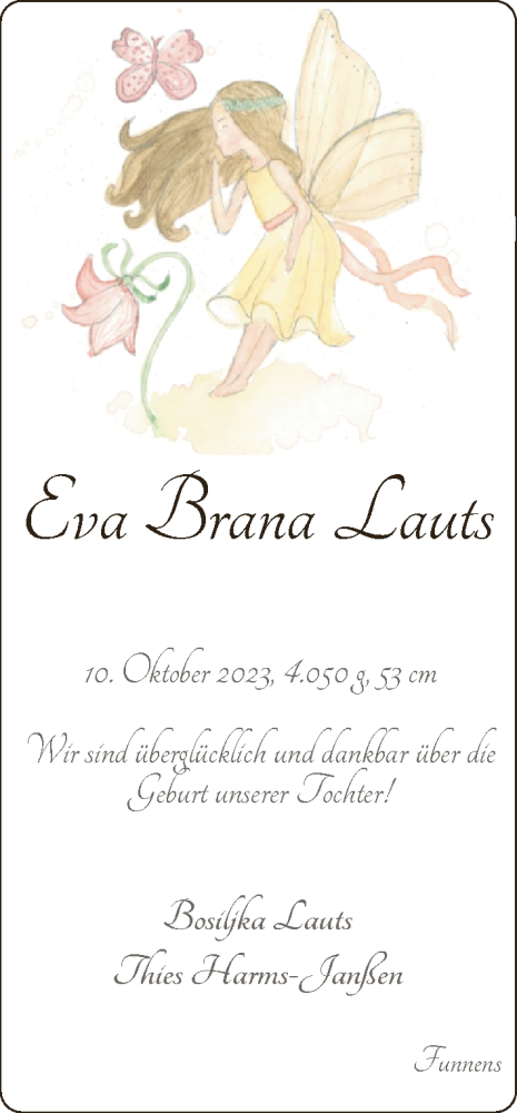 Babyanzeige von Eva Brana Lauts von BM