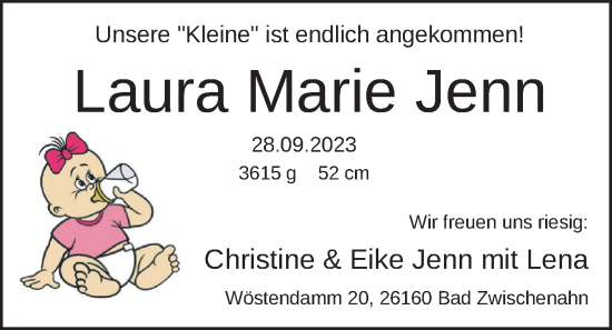 Babyanzeige von Laura Marie Jenn von Nordwest-Zeitung