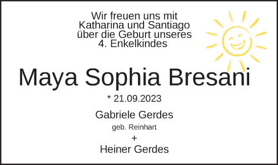 Babyanzeige von Maya Sophia Bresani von BM
