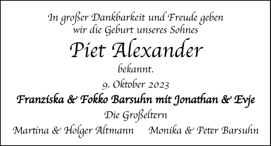 Babyanzeige von Piet Alexander Barsuhn von Nordwest-Zeitung