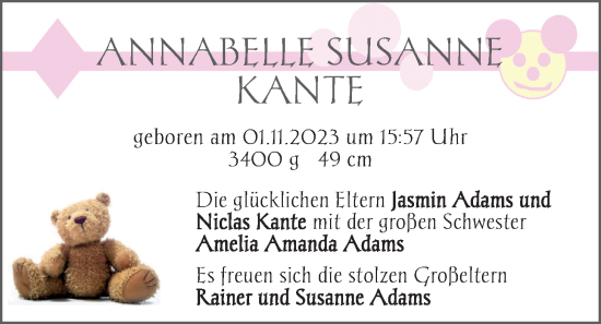 Babyanzeige von Annabelle Susanne Kante von Nordwest-Zeitung