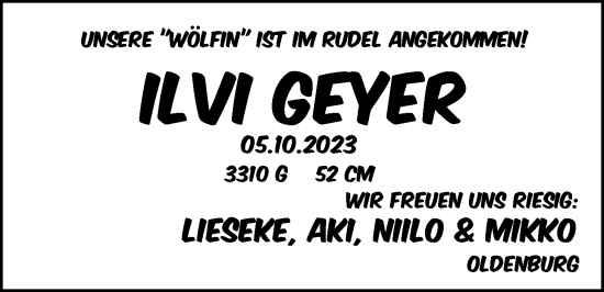 Babyanzeige von Ilvi Geyer von Nordwest-Zeitung