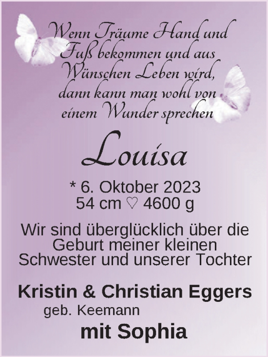 Babyanzeige von Louisa Eggers von BM