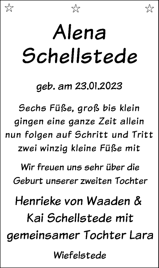 Babyanzeige von Alena Schellstede von Nordwest-Zeitung