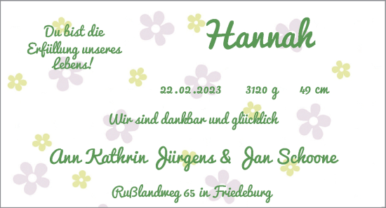Babyanzeige von Hannah Jürgens von Nordwest-Zeitung