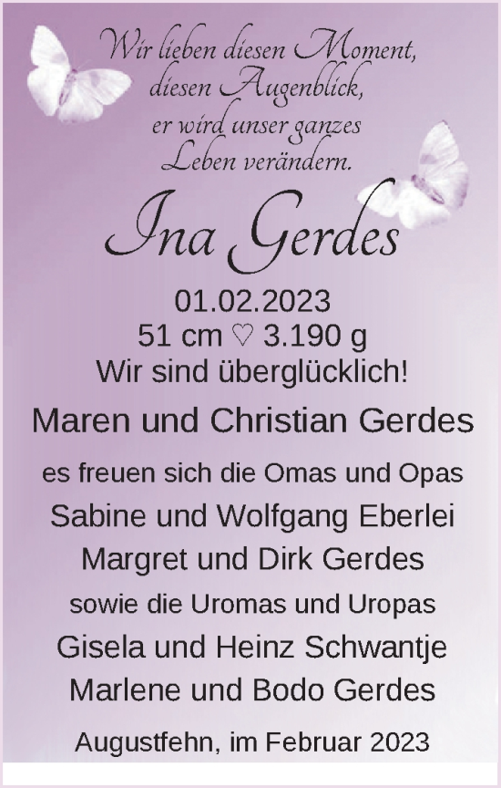 Babyanzeige von Ina Gerdes von Nordwest-Zeitung