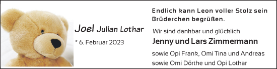 Babyanzeige von Joel Zimmermann von Nordwest-Zeitung