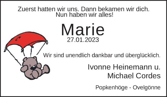 Babyanzeige von Marie  von Nordwest-Zeitung