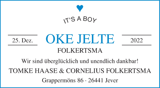 Babyanzeige von Oke Jelte Folkertsma von Nordwest-Zeitung
