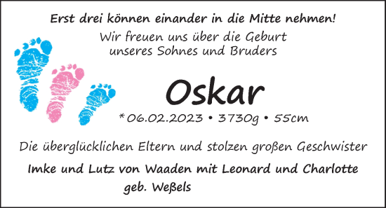 Babyanzeige von Oskar von Waaden von Nordwest-Zeitung