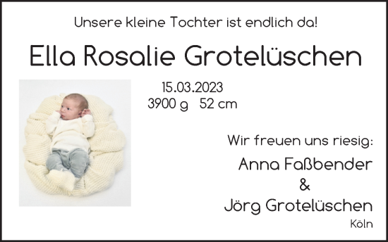 Babyanzeige von Ella Rosalie Grotelüschen von Nordwest-Zeitung