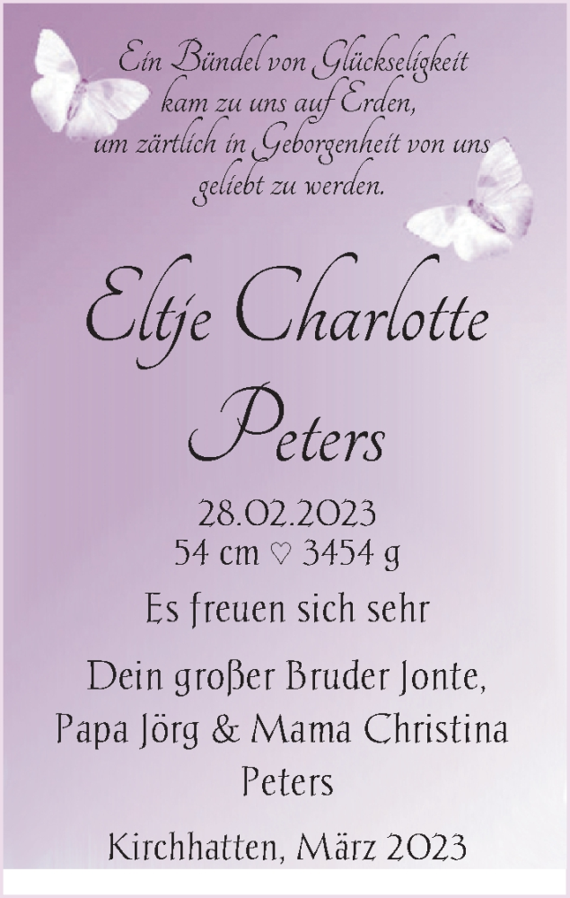 Anzeige für Eltje Charlotte Peters vom 11.03.2023 aus Nordwest-Zeitung