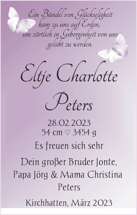 Babyanzeige von Eltje Charlotte Peters von Nordwest-Zeitung