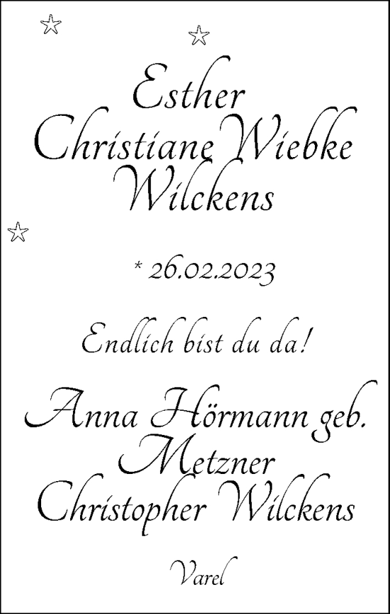 Babyanzeige von Esther Christiane Wiebke Wilckens von Nordwest-Zeitung