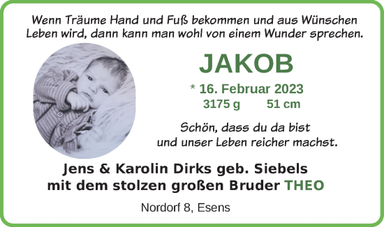 Babyanzeige von Jakob Dirks von BM