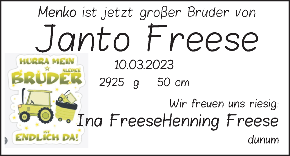 Anzeige für Janto Freese vom 18.03.2023 aus BM