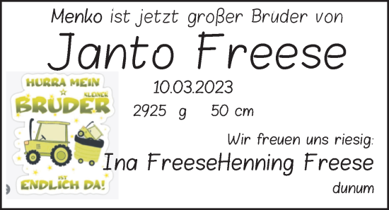 Babyanzeige von Janto Freese von BM