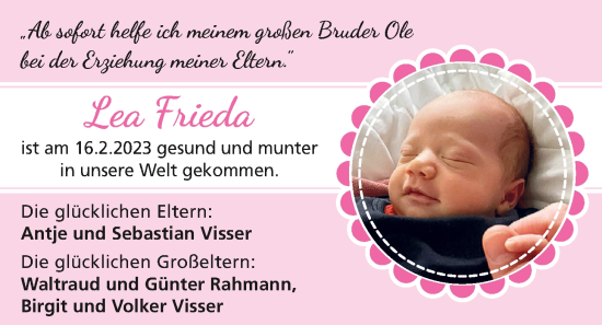Babyanzeige von Lea Frieda Visser von BM