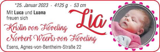 Babyanzeige von Lia  von BM