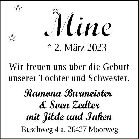 Babyanzeige von Mine Burmeister von BM