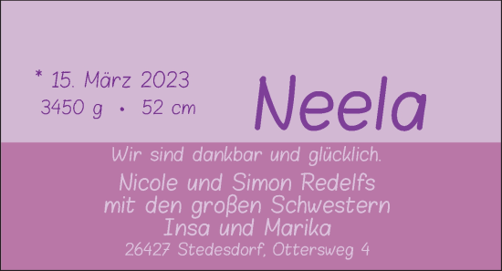 Babyanzeige von Neela Redelfs von BM