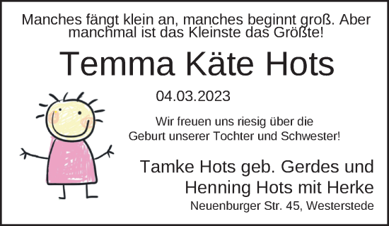 Babyanzeige von Temma Käte Hots von Nordwest-Zeitung
