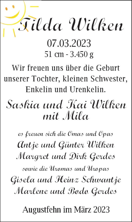 Babyanzeige von Tilda Wilken von Nordwest-Zeitung