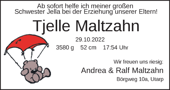 Babyanzeige von Tjelle Maltzahn von BM