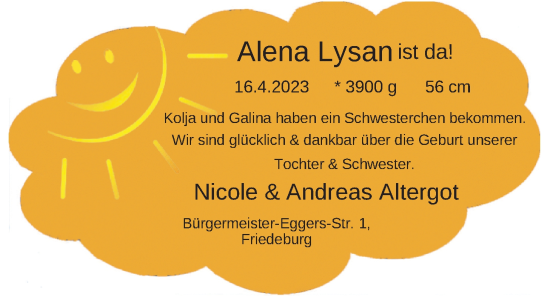Babyanzeige von Alena Lysan  von BM